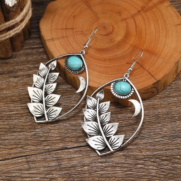 2/$24 Boho Vintage Silver Leaf & Moon Drop Earrings With Turquoise Stone Accents - Picture 4 of 9
